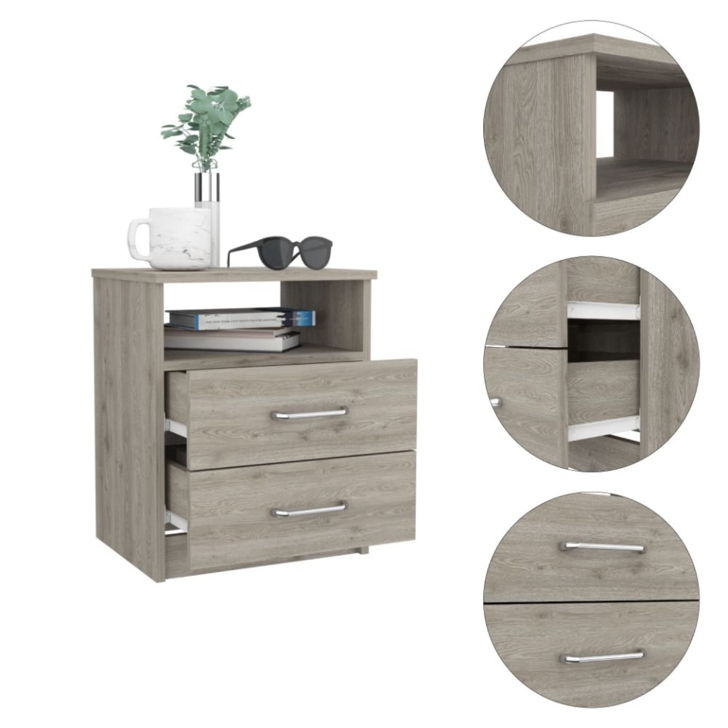 Nightstand 20" H, 2 Drawers, 1 Shelf, Superior Top, Light Gray